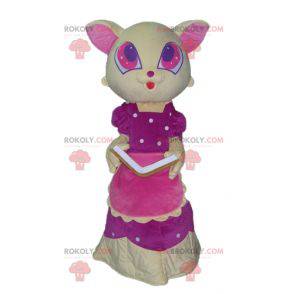 Yellow and pink cat mascot with a beautiful pink dress -