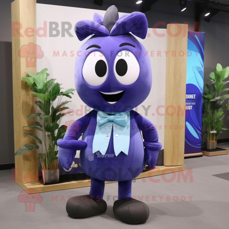 Blue Eggplant mascot costume character dressed with a Shorts and Bow ties Blue Eggplant mascot costume character dressed with a Shorts and Bow ties