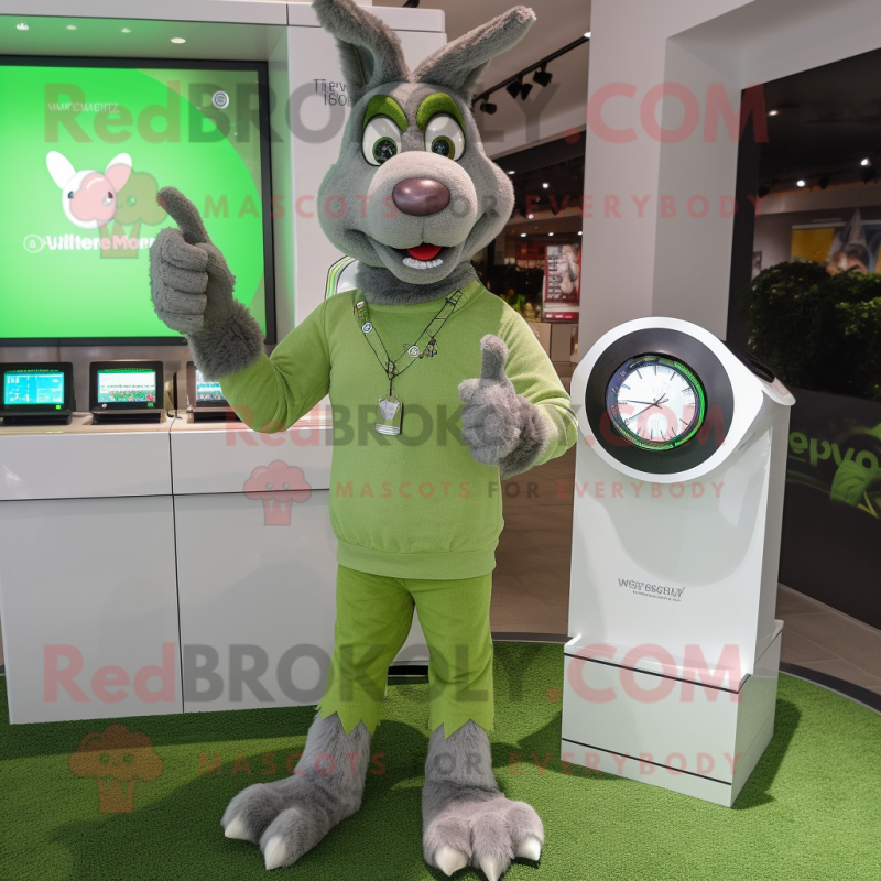 Green Donkey mascot costume character dressed with a Henley Shirt and Digital watches