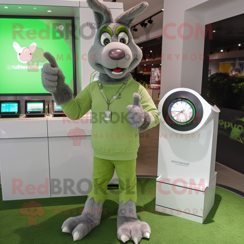Green Donkey mascot costume character dressed with a Henley Shirt and Digital watches Green Donkey mascot costume character dressed with a Henley Shirt and Digital watches