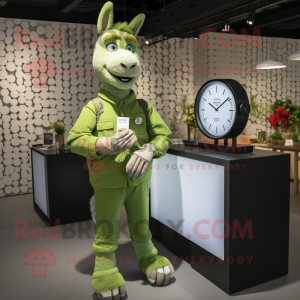 Green Donkey mascot costume character dressed with a Henley Shirt and Digital watches