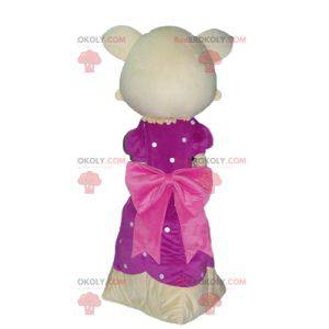 Yellow and pink cat mascot with a beautiful pink dress -