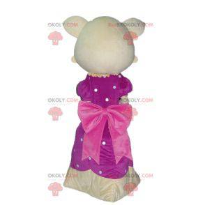 Mascotte gatto giallo e rosa con un bellissimo vestito rosa -