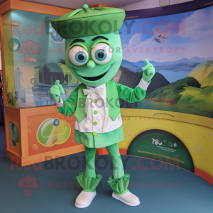 Green Paella mascot costume character dressed with a Capri Pants and Cufflinks