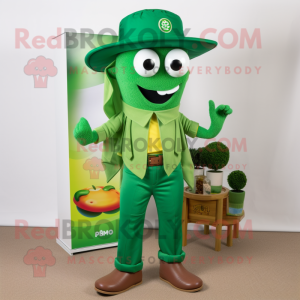 Green Paella mascot costume character dressed with a Capri Pants and Cufflinks