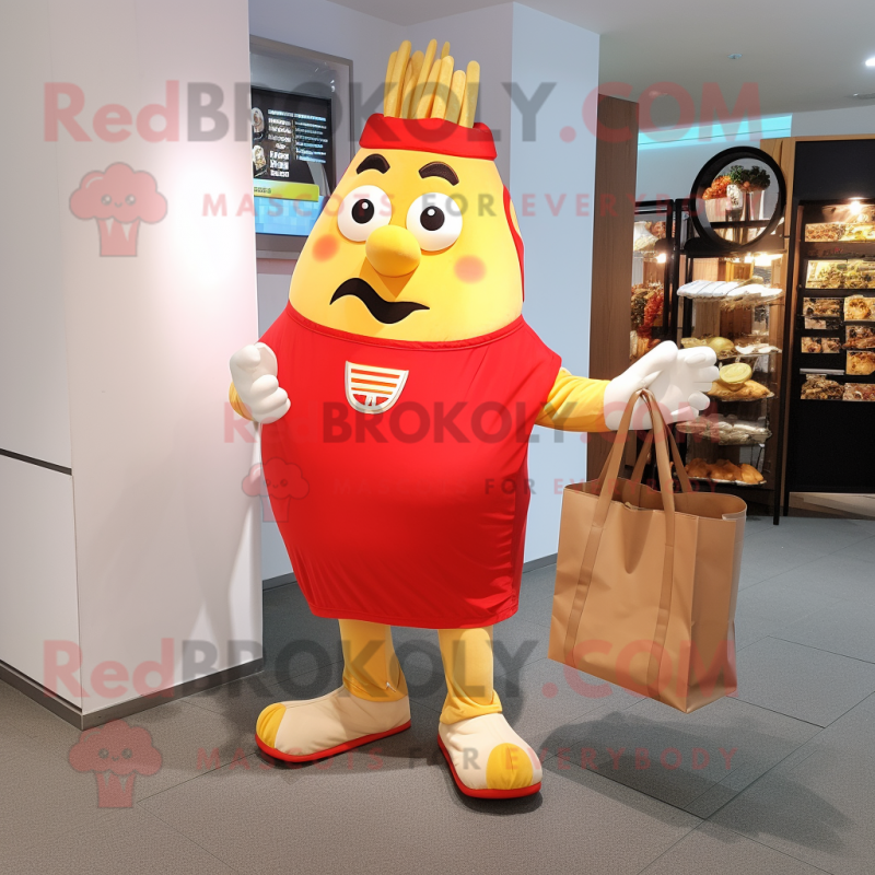 nan French Fries mascot costume character dressed with a Rash Guard and Tote bags nan French Fries mascot costume character dressed with a Rash Guard and Tote bags