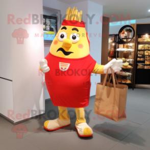 nan French Fries mascot costume character dressed with a Rash Guard and Tote bags