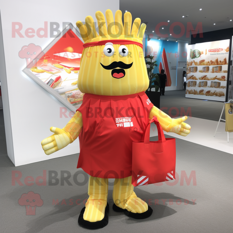 nan French Fries mascot costume character dressed with a Rash Guard and Tote bags nan French Fries mascot costume character dressed with a Rash Guard and Tote bags