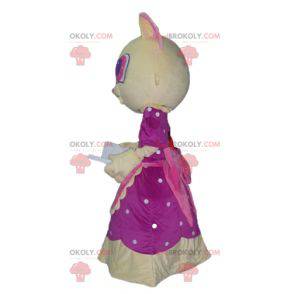 Mascotte gatto giallo e rosa con un bellissimo vestito rosa -