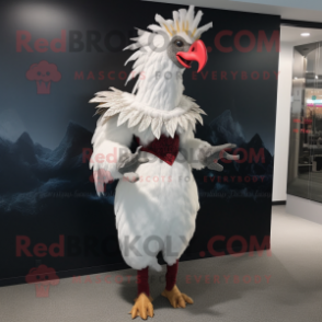 White Rooster mascot costume character dressed with a Sheath Dress and Hair clips