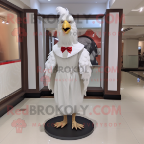 White Rooster mascot costume character dressed with a Sheath Dress and Hair clips