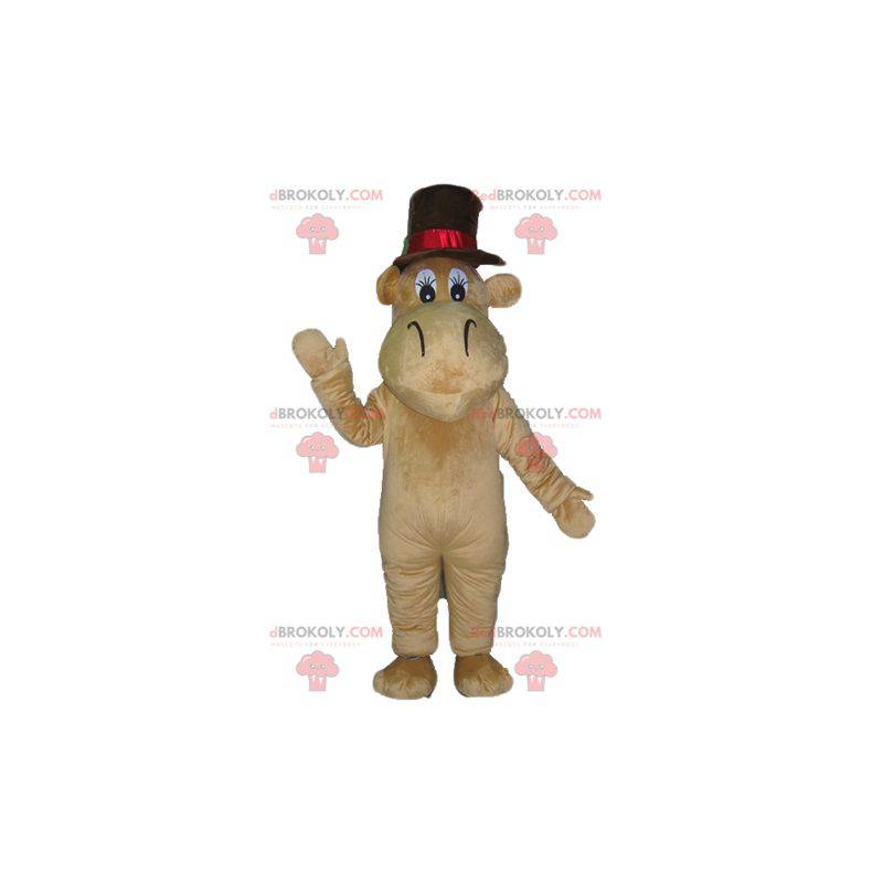 Mascota de hipopótamo camello marrón con un gran sombrero -