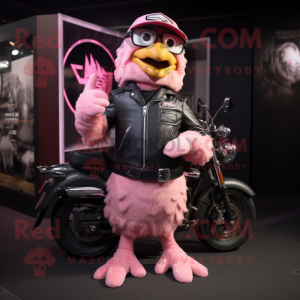 Pink Hens mascot costume character dressed with a Biker Jacket and Caps