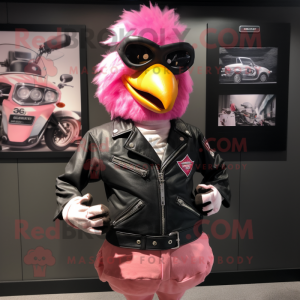 Pink Hens mascot costume character dressed with a Biker Jacket and Caps