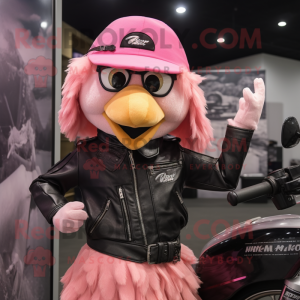 Pink Hens mascot costume character dressed with a Biker Jacket and Caps