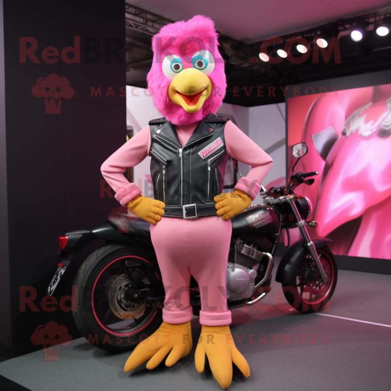 Pink Hens mascot costume character dressed with a Biker Jacket and Caps