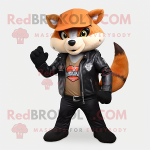 Peach Marten mascot costume character dressed with a Biker Jacket and Hats