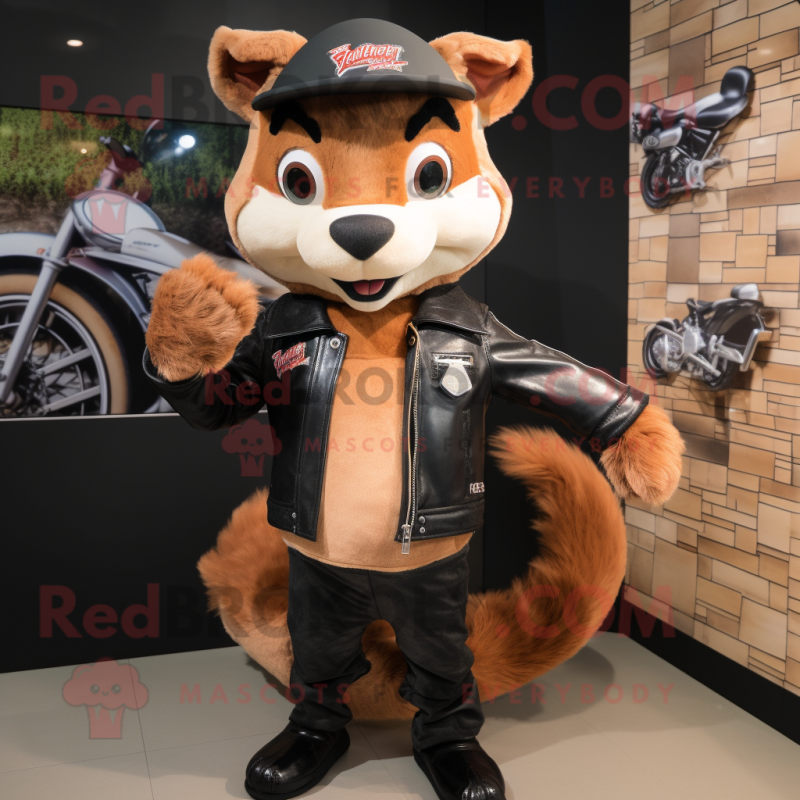 Peach Marten mascot costume character dressed with a Biker Jacket and Hats Peach Marten mascot costume character dressed with a Biker Jacket and Hats