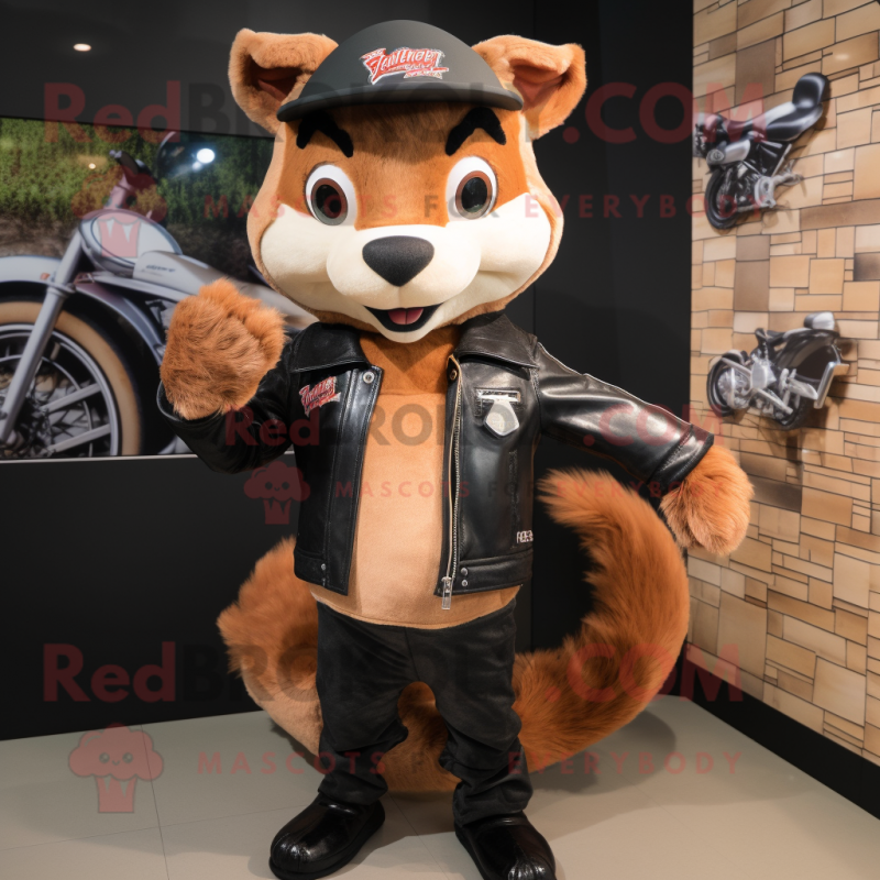 Peach Marten mascot costume character dressed with a Biker Jacket and Hats