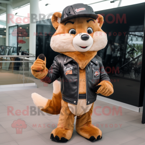 Peach Marten mascot costume character dressed with a Biker Jacket and Hats