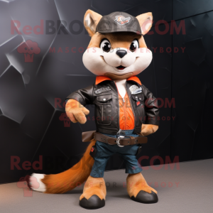 Peach Marten mascot costume character dressed with a Biker Jacket and Hats