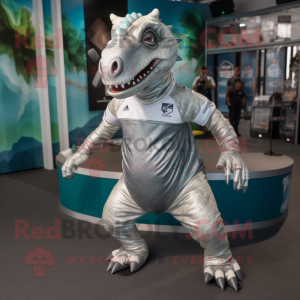 Silver Iguanodon mascot costume character dressed with a Running Shorts and Headbands