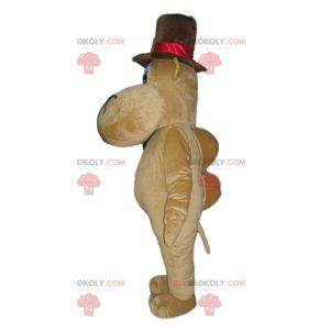 Mascotte di ippopotamo marrone cammello con un grande cappello