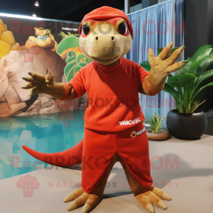 Red Komodo Dragon mascot costume character dressed with a Bikini and Beanies