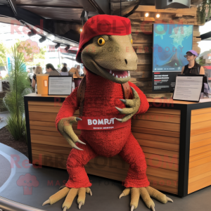 Red Komodo Dragon mascot costume character dressed with a Bikini and Beanies