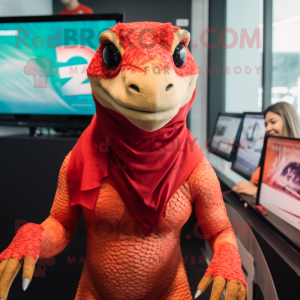 Red Komodo Dragon mascot costume character dressed with a Bikini and Beanies