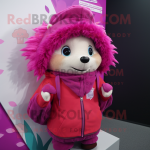 Magenta Hedgehog mascot costume character dressed with a Hoodie and Scarf clips