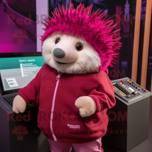 Magenta Hedgehog mascot costume character dressed with a Hoodie and Scarf clips