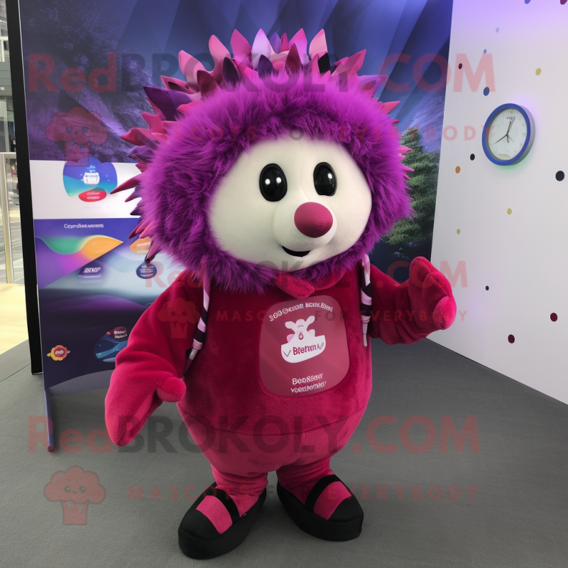 Magenta Hedgehog mascot costume character dressed with a Hoodie and Scarf clips