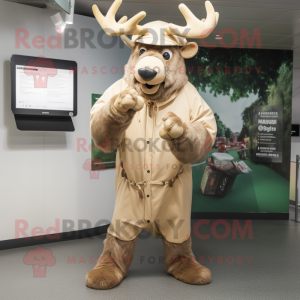 Tan Irish Elk mascot costume character dressed with a Hoodie and Hat pins