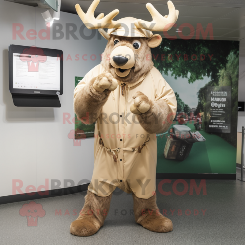 Tan Irish Elk mascot costume character dressed with a Hoodie and Hat pins Tan Irish Elk mascot costume character dressed with a Hoodie and Hat pins