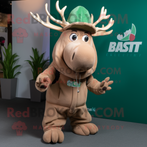 Tan Irish Elk mascot costume character dressed with a Hoodie and Hat pins