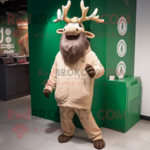 Tan Irish Elk mascot costume character dressed with a Hoodie and Hat pins