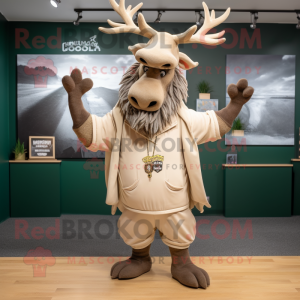 Tan Irish Elk mascot costume character dressed with a Hoodie and Hat pins