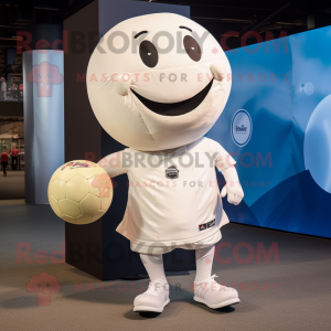 Cream Soccer Ball mascot costume character dressed with a Jeggings and Suspenders