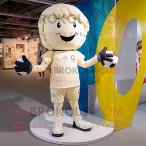 Cream Soccer Ball mascot costume character dressed with a Jeggings and Suspenders