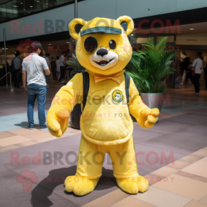 Lemon Yellow Spectacled Bear mascot costume character dressed with a Flare Jeans and Hairpins