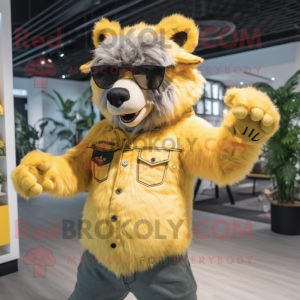 Lemon Yellow Spectacled Bear mascot costume character dressed with a Flare Jeans and Hairpins