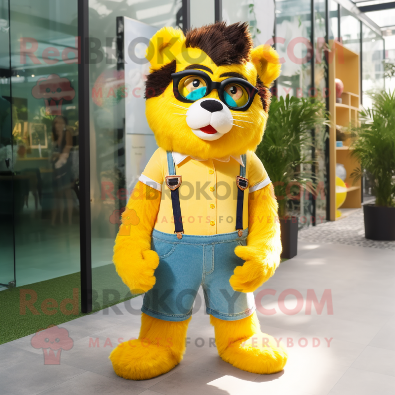 Lemon Yellow Spectacled Bear mascot costume character dressed with a Flare Jeans and Hairpins