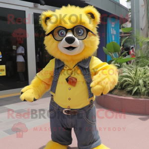 Lemon Yellow Spectacled Bear mascot costume character dressed with a Flare Jeans and Hairpins