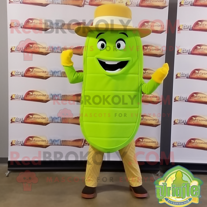Lime Green Grilled Cheese Sandwich mascot costume character dressed with a Sheath Dress and Hat pins Lime Green Grilled Cheese Sandwich mascot costume character dressed with a Sheath Dress and Hat pins
