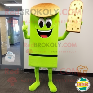 Lime Green Grilled Cheese Sandwich mascot costume character dressed with a Sheath Dress and Hat pins