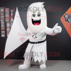 White Knife Thrower mascot costume character dressed with a Vest and Shawl pins