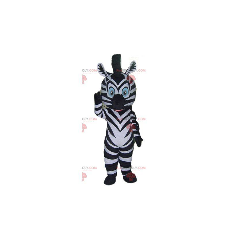 Czarno-biała maskotka zebry z niebieskimi oczami -