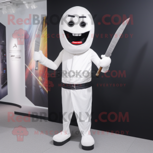 White Knife Thrower mascot costume character dressed with a Vest and Shawl pins