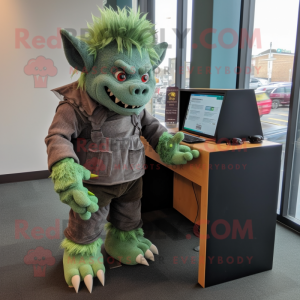 Green Gargoyle mascot costume character dressed with a Corduroy Pants and Hairpins